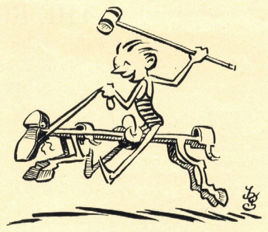 A cartoon of a man riding a brace drawn to look like a horse.
