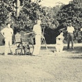 A batter stands next to a wheelchair and holds crutches while others watch.
