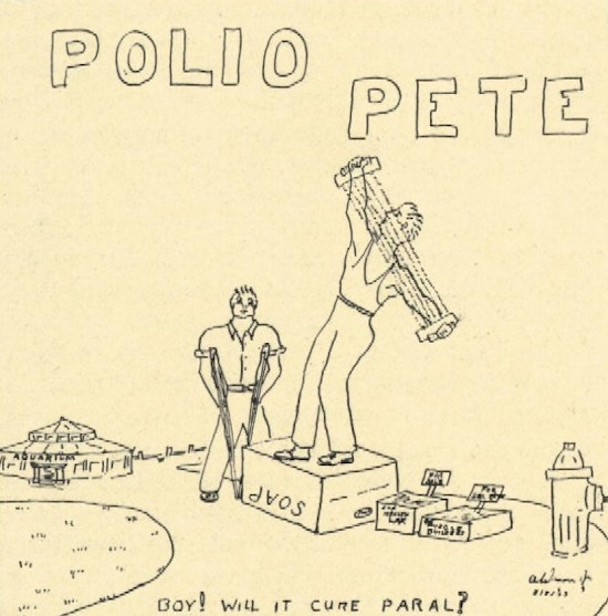 Cartoon of a young man on crutches looking at a strong man on a soap box.