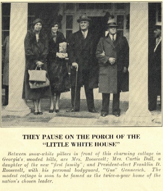 Franklin and Eleanor Roosevelt and two other people stand between two porch pillars.
