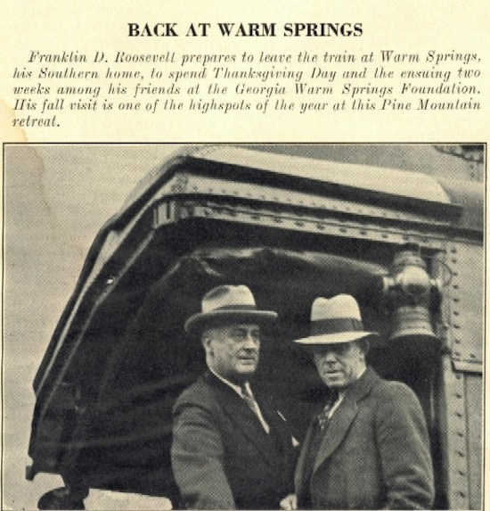 Franklin Roosevelt and another man leaving a train.