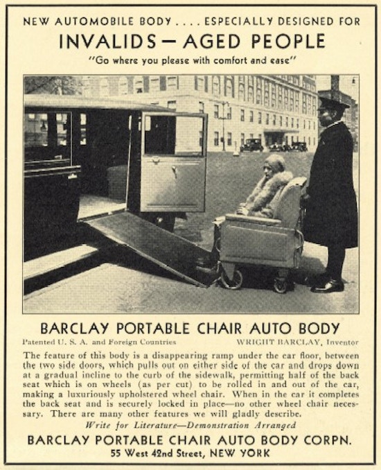 An advertisement with a chauffeur pushing a woman in a wheelchair into a car.