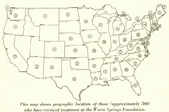 Map for the states of origin of patients at Warm Springs.
