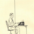 Drawing of a man typing with the help of a spring suspended from the ceiling.