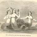 Three mermaids on an ocean rock, one holding a hand mirror.