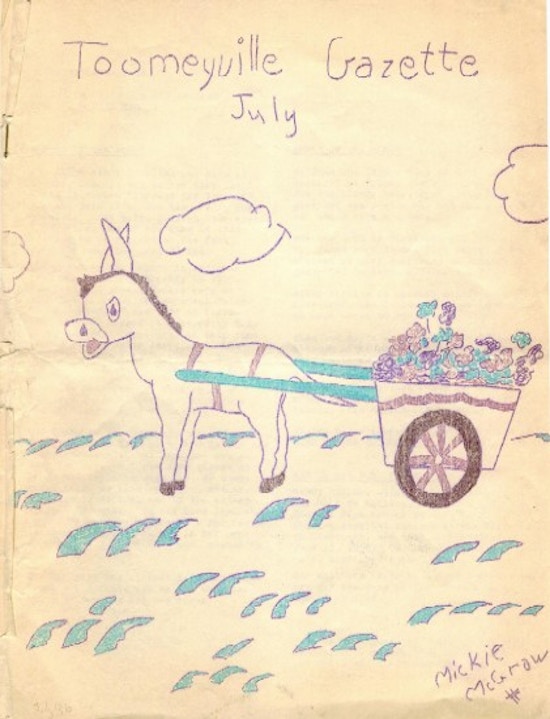A drawing of a donkey pulling a cart of flowers.