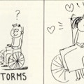 A cartoon of a wheelchair built for two young people in love.