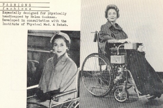 Two photographs of a woman in a wheelchair wearing a cape.