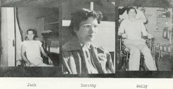 Three photographs of young adults, two in wheelchairs.