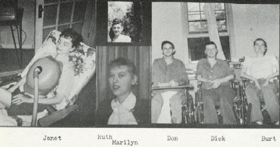 Photographs of six young adults, one with a respirator and three in wheelchairs.