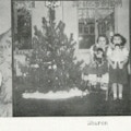 Three photographs, one showing two children next to Christmas tree.