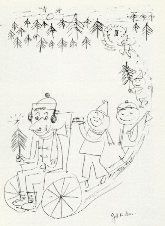 Drawing of a row of Christmas celebrants led by a young man in a wheelchair.