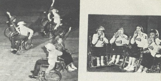Photographs of people square dancing in wheelchairs and of four cheerleaders in wheelchairs.