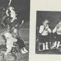 Photographs of people square dancing in wheelchairs and of four cheerleaders in wheelchairs.