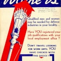 A poster with a factory whistle calls for people to work in defense industries.