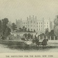 An engraving of an ornate building with trees and an iron fence.