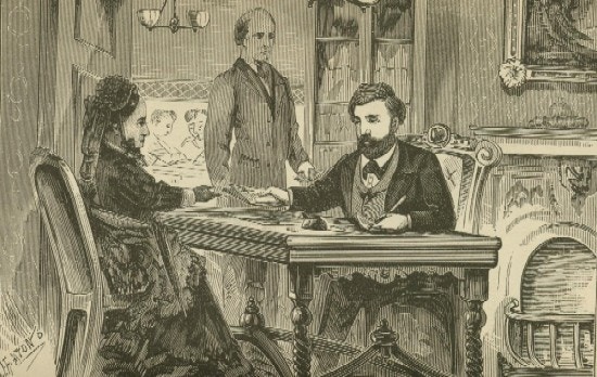 A man at a desk hands a paper to a woman.