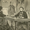 A man at a desk hands a paper to a woman.
