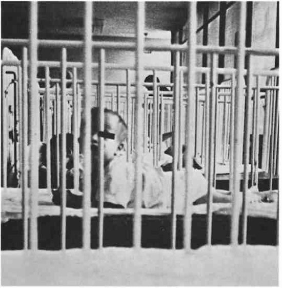 A child seen through the bars of several cribs.