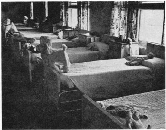 A row of beds with stuffed animals and dolls.