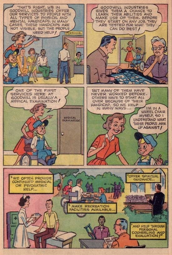 Panels of the comic book, "The Will to Win." A woman shows Good Willy around Goodwill Industries.
