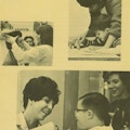 Three photographs showing Girl Scouts, a teacher, and a dentist, all with children.