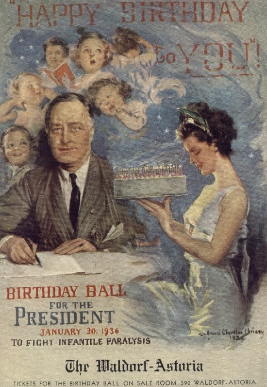 Children sing while a woman presents Franklin Roosevelt with a birthday cake.