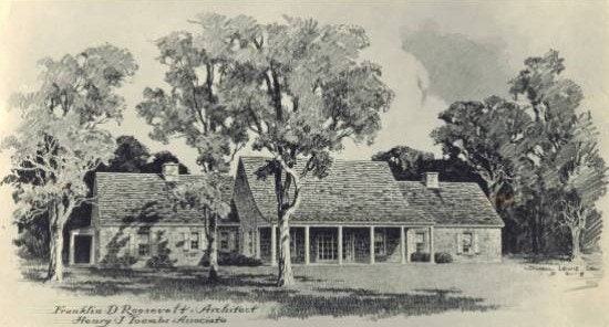 A drawing of Top Cottage, a stone building with pillars and trees in front.
