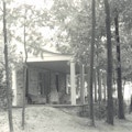 Porch, with wicker furniture, seen through trees. Ivy covers part of house.