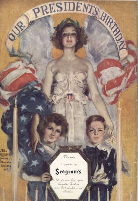 A young women, draped in an American flag, stands behind two childern holding a plaque.