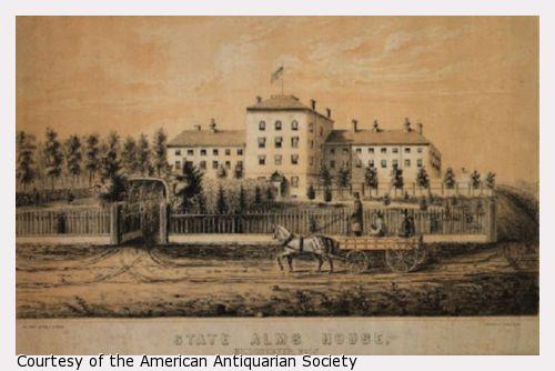 A horse drawn carriage carries a woman, child, and man to the gates of the Alms House.