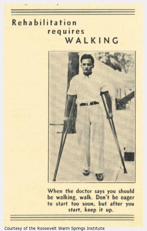 A young man walks on crutches.