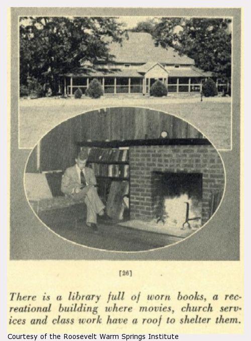 Two photographs -- one of a large building, the other of a man sitting on a couch reading a book.