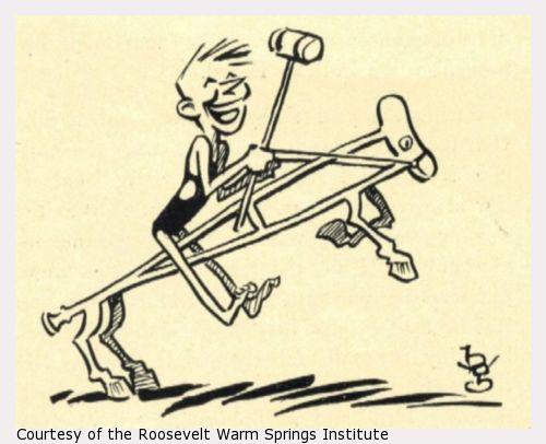 A cartoon of a man riding a crutch that looks like a horse.