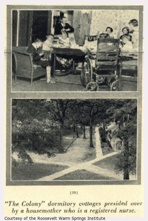 Two photographs -- one of children around a table, the other of walkways leading to cottages.