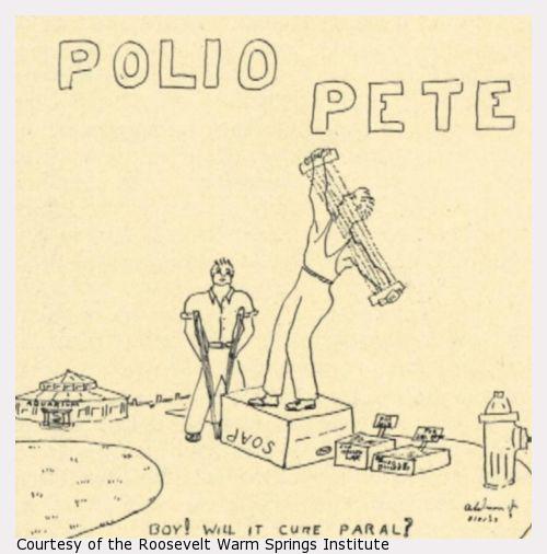 Cartoon of a young man on crutches looking at a strong man on a soap box.