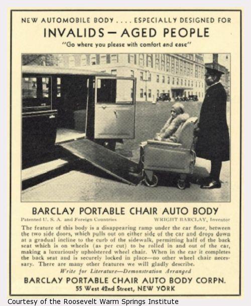 An advertisement with a chauffeur pushing a woman in a wheelchair into a car.