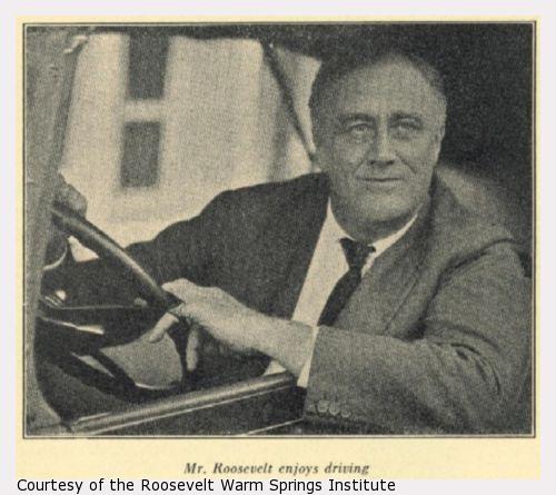 Franklin Roosevelt looks out from a car.