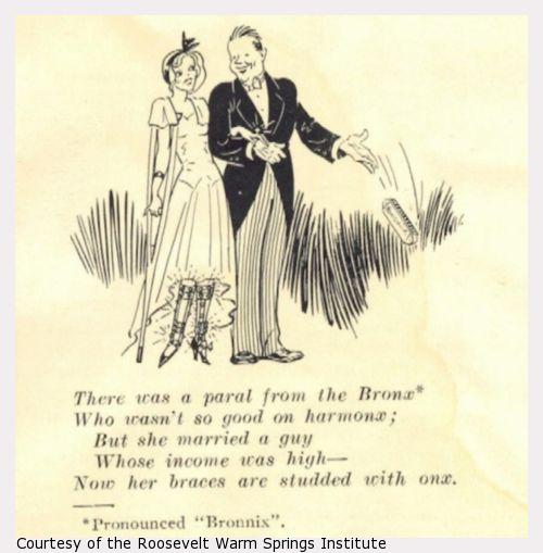 A drawing of a bride in leg braces standing next to a groom.