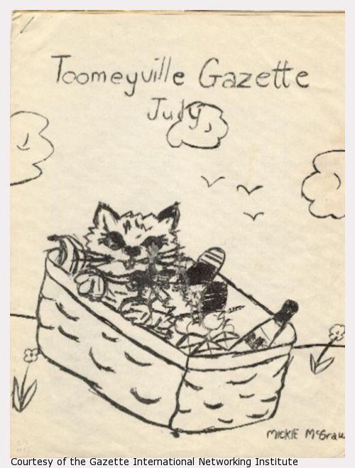 A drawn picture of a cat in a picnic basket.