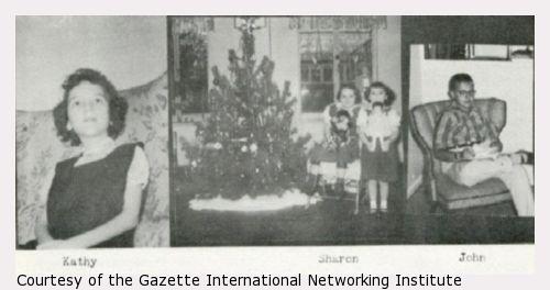 Three photographs, one showing two children next to Christmas tree.