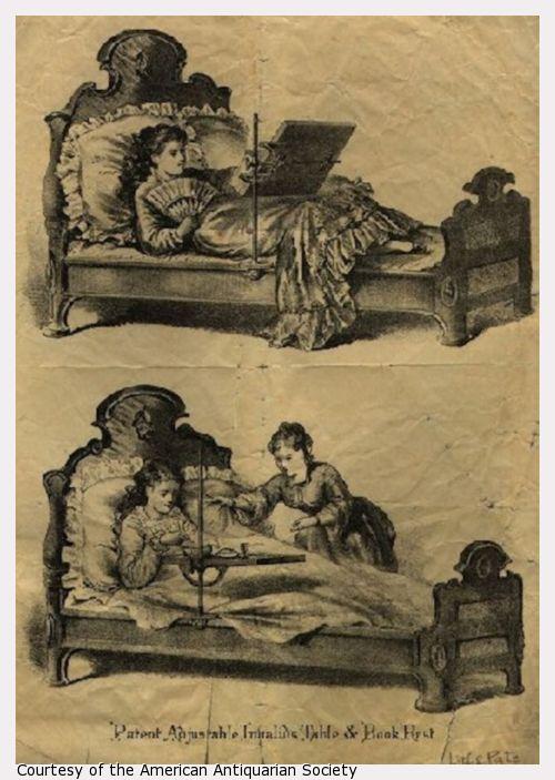Two images - A woman lying in bed; the same woman lying in bed upright with table