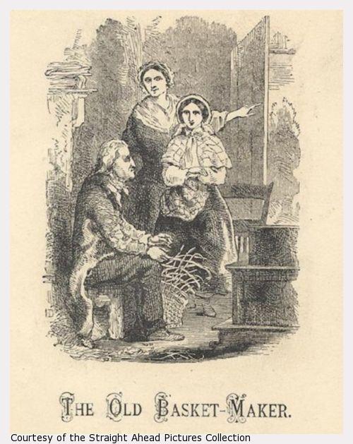 An elderly man weaves baskets as two women watch.