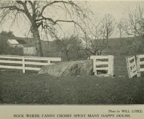 A large rock near trees and a fence on a farm.
