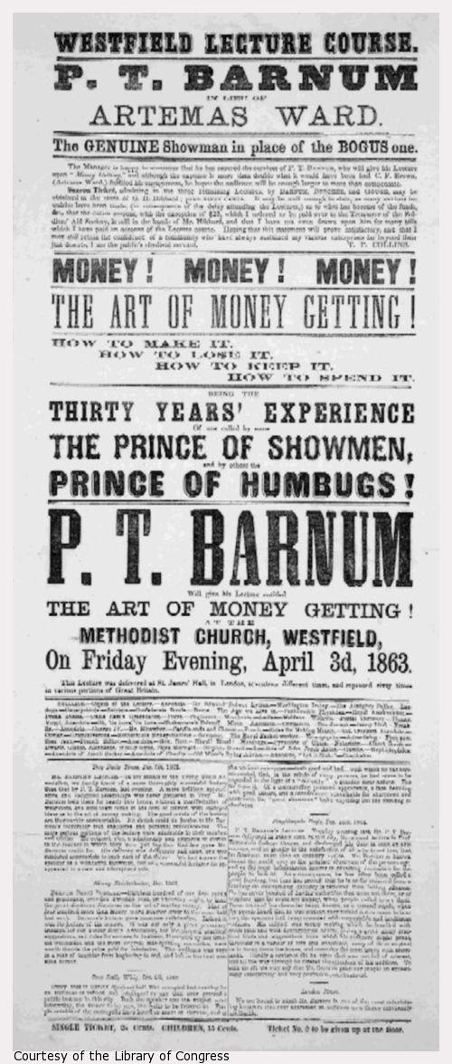 A printed broadside announcing a Barnum lecture at Westfield, Massachusetts.