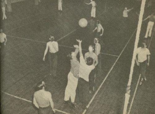 Young men playing volleyball.