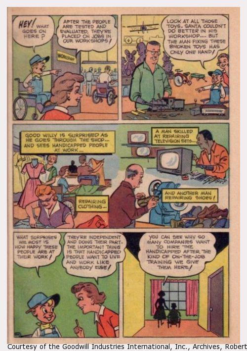 Panels of the comic book, "The Will to Win." Good Willy continues his tour of Goodwill Industries.
