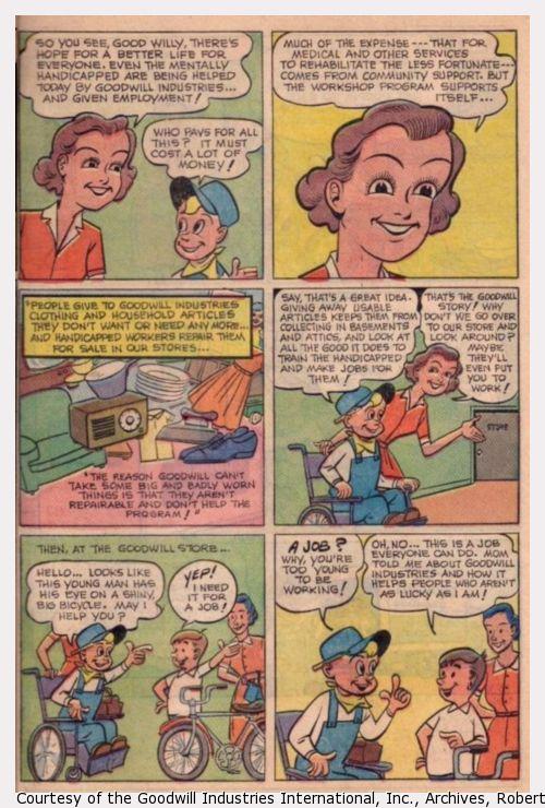 Panels of the comic book, "The Will to Win." Good Willy learns more about how Goodwill Industries operates.