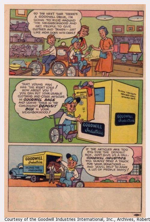 Panels of the comic book, "The Will to Win." Good Willy learns about how Goodwill collects donations.