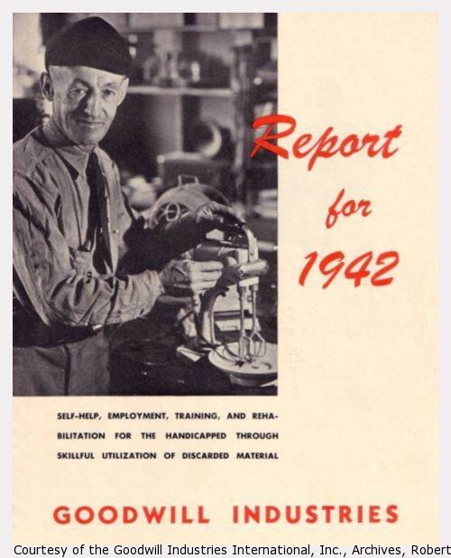 Cover of Goodwill's 1942 annual report. A man working standing next to a kitchen blender.